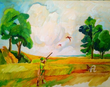 Peinture intitulée "Chasseur de faisan" par Slobodan Spasojevic (Spaki), Œuvre d'art originale, Huile