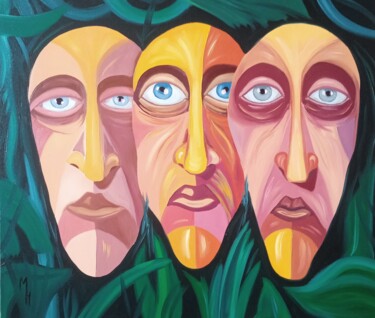Schilderij getiteld "Three faces (three…" door Maximilian Honderflenik, Origineel Kunstwerk, Olie