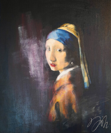 Girl with a pearl earring contemporary Painting titled "Girl with a pearl e…" by Tomoya Nakano, Original Artwork, Oil Mounted on Wood Stretcher frame