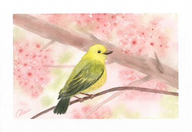 绘画 标题为“L'oiseau jaune dans…” 由Christelle Lachambre, 原创艺术品, 水彩
