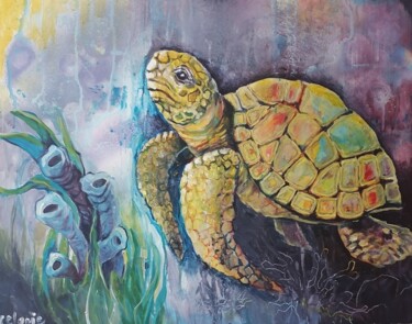 Painting titled "Sea Turtling" by Lelanie Liebenberg, Original Artwork, Acrylic Mounted on Wood Stretcher frame