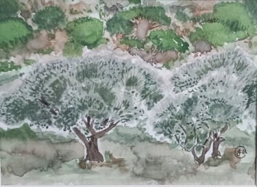 Painting titled "les oliviers" by Jc C-S ' Art, Original Artwork, Watercolor Mounted on Other rigid panel