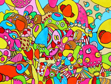 287. Happy Positive Colorful Doodles That Make My Day Funky! Painting titled "287. Happy Positive…" by Veera Zukova, Original Artwork, Acrylic Mounted on Wood Stretcher frame