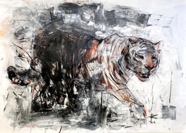 图画 标题为“Shadow Tiger” 由Judith Riemer, 原创艺术品, 木炭