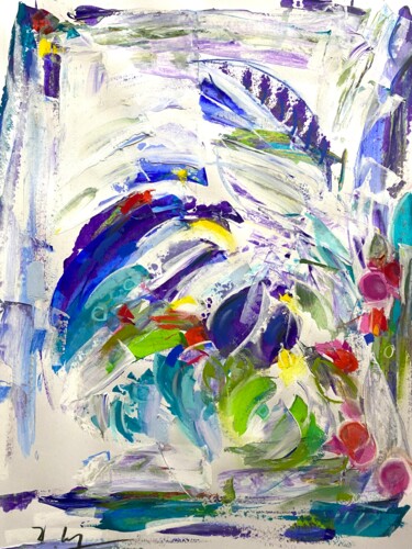 Poissons dans un jardin Painting titled "Poissons dans un ja…" by Regine Blot, Original Artwork, Acrylic Mounted on Wood Panel