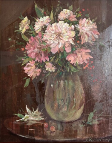 Painting titled "Pink bouquet" by Nk. Artbox, Original Artwork, Oil Mounted on Wood Stretcher frame
