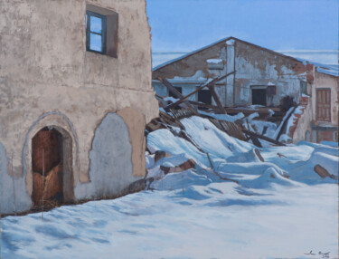 Painting titled "Ruinas en la nevada" by Juan Álvarez Cebrián, Original Artwork, Oil Mounted on Wood Stretcher frame