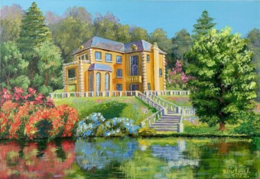 Painting titled "House in Flowers by…" by Tetiana Kovtun, Original Artwork, Acrylic Mounted on Wood Stretcher frame