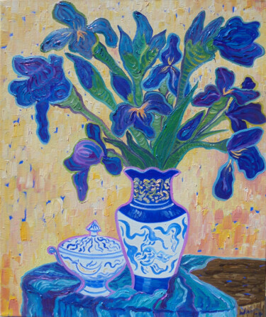 Peinture intitulée "Flower Vase - Irise…" par Kirsty Wain, Œuvre d'art originale, Huile Monté sur Châssis en bois