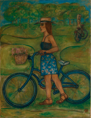 Promenande à Vélo - Huile sur Toile Peinture intitulée "Promenande à Vélo -…" par Robert Gibson, Œuvre d'art originale, Huile Monté sur Châssis en bois
