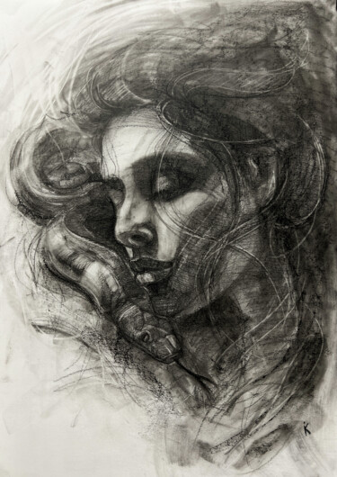 Girl with a snake 2 图画 标题为“Girl with a snake 2” 由Iryna Kopyrina, 原创艺术品, 木炭