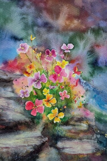 Flowers among the stones Painting titled "Flowers among the s…" by Fineartderya, Original Artwork, Watercolor
