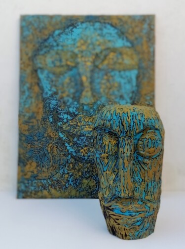 Sculpture intitulée "l'homme bleu et son…" par Philippe Langaud, Œuvre d'art originale, Bois Monté sur Châssis en bois
