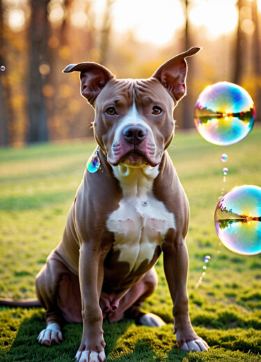 Arts numériques intitulée "Pitbull bulles" par Caprice, Œuvre d'art originale, Image générée par l'IA