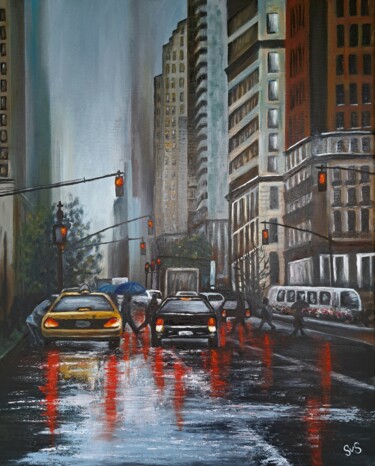 It's raining in the city. Schilderij getiteld "It's raining in the…" door Svetlana Samsonova, Origineel Kunstwerk, Olie