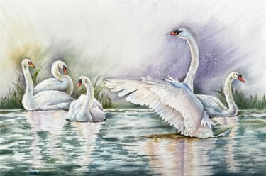 Painting titled "Swan lake" by Yuliya Ozdemir, Original Artwork, Watercolor