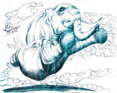 图画 标题为“Elefante volante III” 由Mariaceleste Arena, 原创艺术品, 圆珠笔 安装在玻璃上