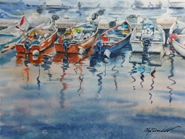 Painting titled "Boats on Garda Lake" by Olga Drozdova, Original Artwork, Watercolor