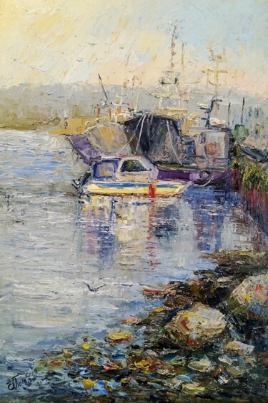 Morning at the port Painting titled "Morning at the port" by Evgeniya Polyudova, Original Artwork, Oil Mounted on Wood Stretcher frame