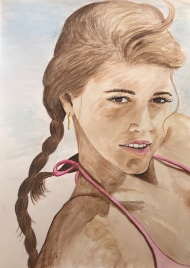Disegno intitolato "Jane on the beach" da Eric Garnier (Idji), Opera d'arte originale, Acquarello