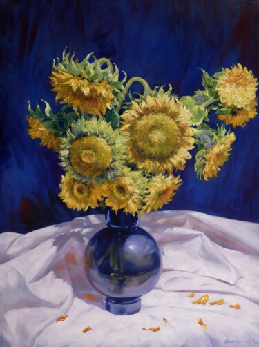 Painting titled ""BOUQUET OF SUNFLOW…" by Elena I Gennady Vylusk (Goshiki), Original Artwork, Oil Mounted on Wood Stretcher…