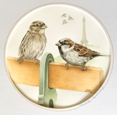 Peinture intitulée "Deux moineaux -pont" par Isabelle Molinard, Œuvre d'art originale, Aquarelle