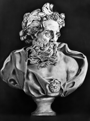 图画 标题为“Bust of Neptune” 由John Thomas, 原创艺术品, 木炭 安装在木质担架架上