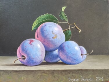 Still Life with Plums Painting titled "Still Life with Plu…" by Stepan Ohanyan, Original Artwork, Oil Mounted on Wood Stretcher frame