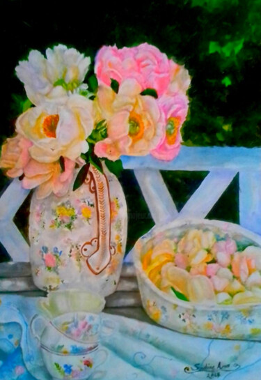 Roses on a vase still life watercolor home decor painting. 绘画 标题为“Roses on a vase sti…” 由Watercolor Whisper, 原创艺术品, 水彩