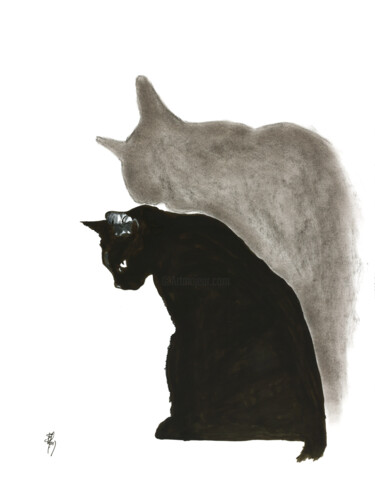 Рисунок под названием "Cat and shadow" - Stefan, Подлинное произведение искусства, Чернила