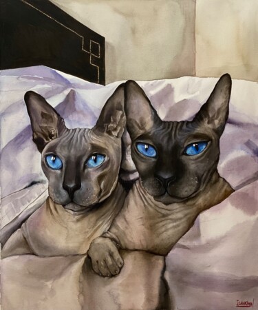 Painting titled "Two cats" by Eva Isachkina, Original Artwork, Watercolor