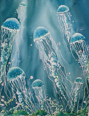"Watercolor jellyfish" başlıklı Tablo Fineartderya tarafından, Orijinal sanat, Suluboya