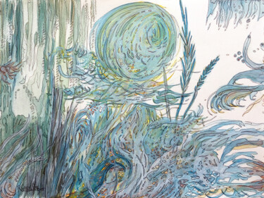 Dessin intitulée "Soleil bleu" par Camille Rouschmeyer, Œuvre d'art originale, Stylo à bille