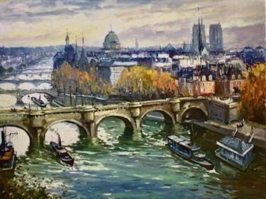 PARIS LA SEINE AU VERT GALANT Schilderij getiteld "PARIS LA SEINE AU V…" door Robert Ricart, Origineel Kunstwerk, Olie Gemonteerd op Frame voor houten bra…