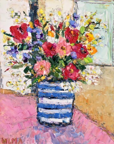 Flowers Bouquet In Striped Vase Oil Painting On Canvas 「Flowers Bouquet In…」というタイトルの絵画 Vilma Gataveckieneによって, オリジナルのアートワーク, オイル
