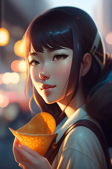 Digital Arts titled "A girl eating a bag" by Harlybb, Original Artwork, Digital Painting