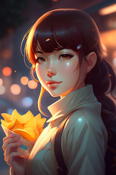 Digital Arts titled "a girl eating a bag…" by Harlybb, Original Artwork, AI generated image