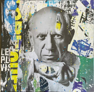 Painting titled "Picasso" by Chris Rose, Original Artwork, Collages Mounted on Wood Stretcher frame