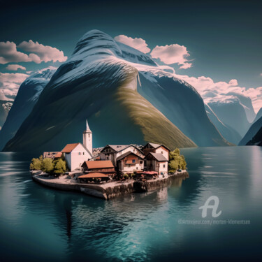 Digitale Kunst mit dem Titel "FJORD VILLAGE" von Morten Klementsen, Original-Kunstwerk, KI-generiertes Bild