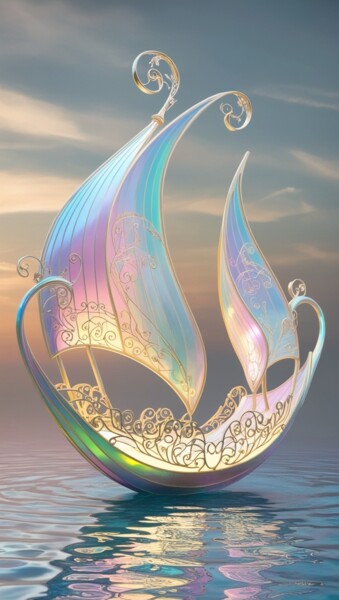 Iridescent Magic boat Arts numériques intitulée "Iridescent Magic bo…" par Caprice, Œuvre d'art originale, Image générée par l'IA