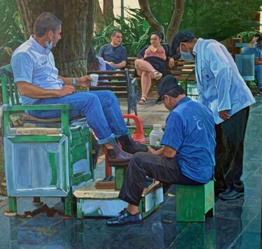 Malerei mit dem Titel "Der Schuhputzer" von Sebastian Lorenz, Original-Kunstwerk, Acryl Auf Keilrahmen aus Holz montiert