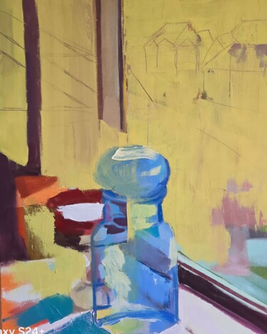 绘画 标题为“Blue Jar on Windows…” 由Patty Rodgers, 原创艺术品, 油 安装在木质担架架上