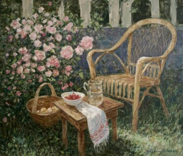 Painting titled "In a country house" by Nk. Artbox, Original Artwork, Oil Mounted on Wood Stretcher frame