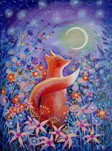 Painting titled "Summer night" by Ulia Potasova Vostrikova, Original Artwork, Acrylic Mounted on Wood Stretcher frame