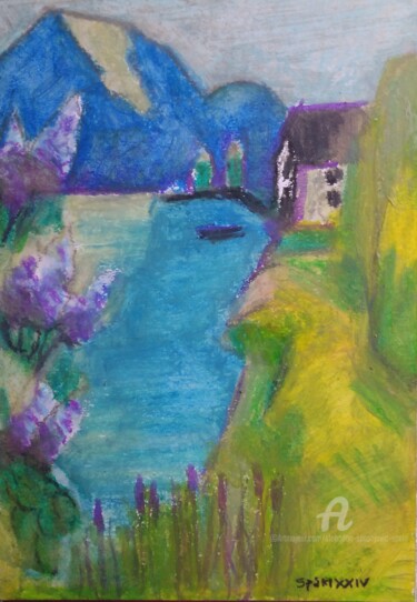 Peinture intitulée "Lilas-jaune paysage" par Slobodan Spasojevic (Spaki), Œuvre d'art originale, Pastel