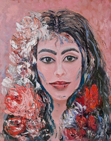 Ζωγραφική με τίτλο "The girl with olive…" από Maria Galan, Αυθεντικά έργα τέχνης, Λάδι Τοποθετήθηκε στο Ξύλινο φορείο σκελετό