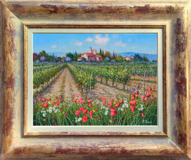 Daisies & Poppies in vineyard - Tuscany landscape & frame 绘画 标题为“Daisies & Poppies i…” 由Raimondo Pacini, 原创艺术品, 油 安装在木质担架架上