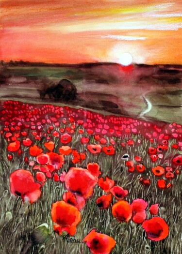 Peinture intitulée "Coucher de soleil s…" par Adyne Gohy, Œuvre d'art originale, Aquarelle