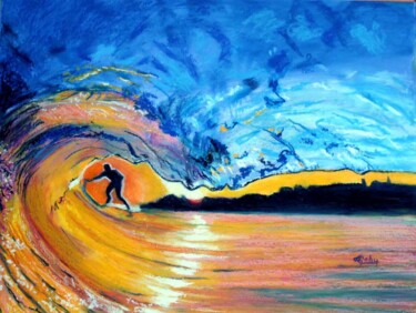 Surfer sur la vague Peinture intitulée "Surfer sur la vague" par Adyne Gohy, Œuvre d'art originale, Pastel