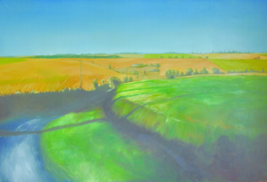Painting titled "Big land" by Bertrand Joliet, Original Artwork, Oil Mounted on Wood Stretcher frame